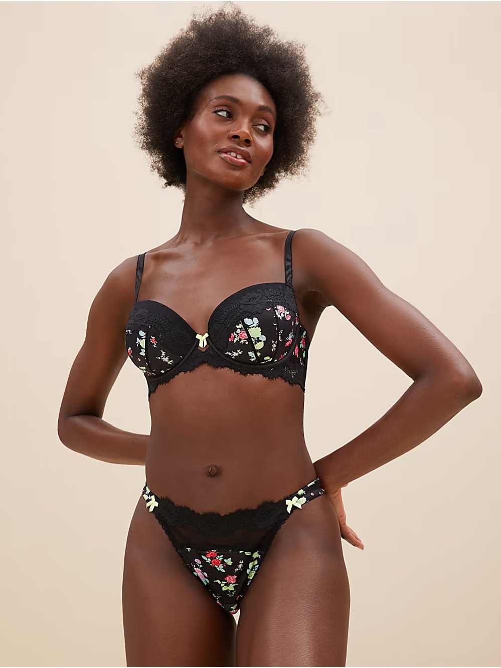 M&S Emilia Satin Floral Wired Balcony Bra & Panties in Sz: UK 34 E / UK12